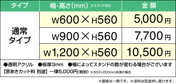 サイズ別の価格